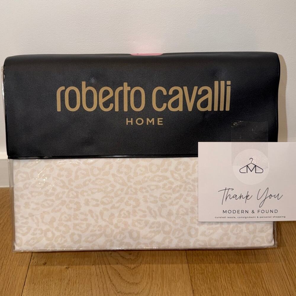 NEW Roberto Cavalli Home 4 Piece KING Sheet Set Beige Leopard Print 100% Cotton